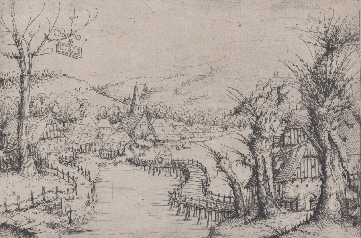 Paesaggio fluviale con tre salici spogli a destra e un lungo ponte di legno tortuoso a ..., 1546 da Augustin Hirschvogel