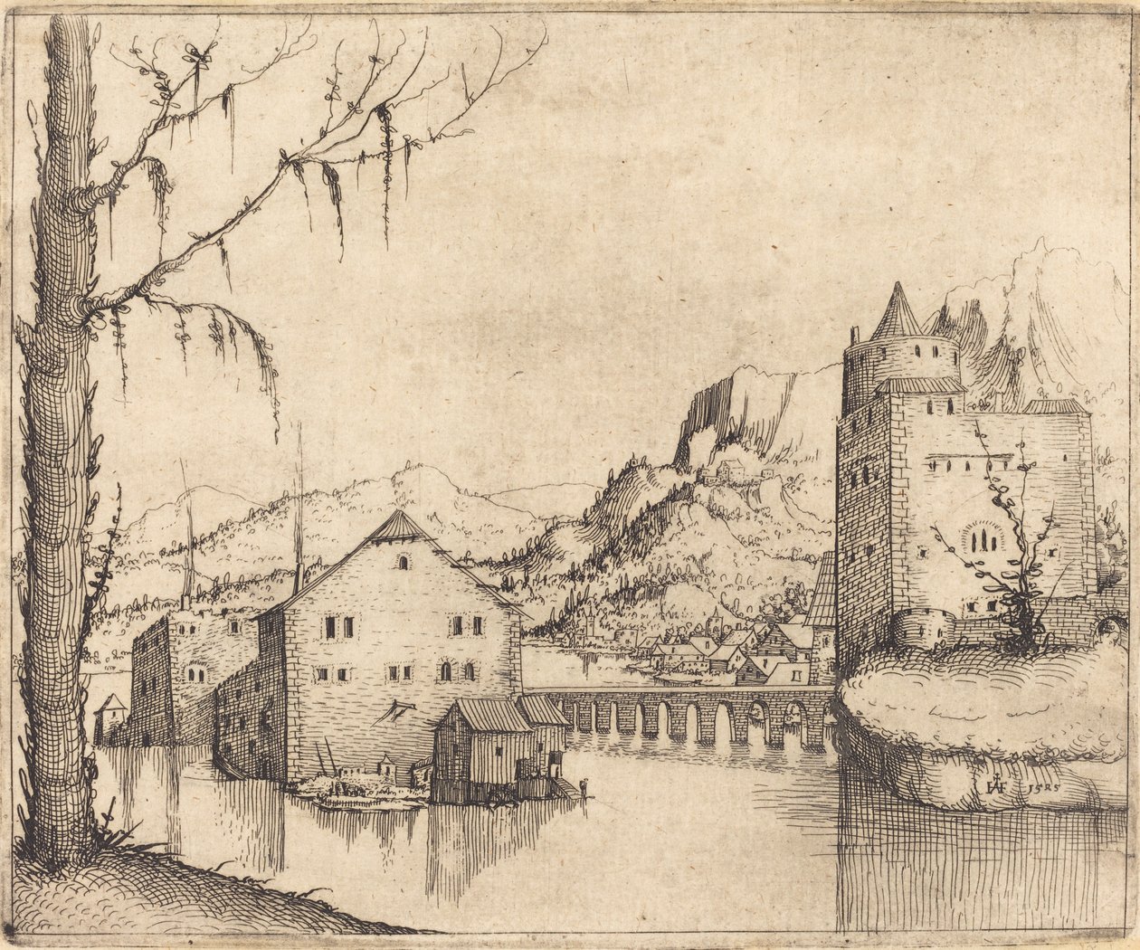 Paesaggio fluviale con due edifici, 1545 da Augustin Hirschvogel