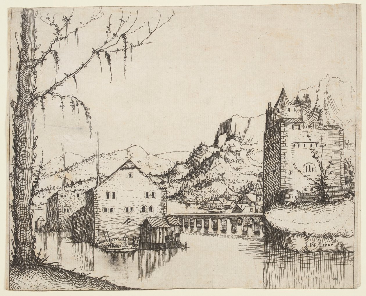 Paesaggio fluviale con due edifici collegati da un ponte da Augustin Hirschvogel