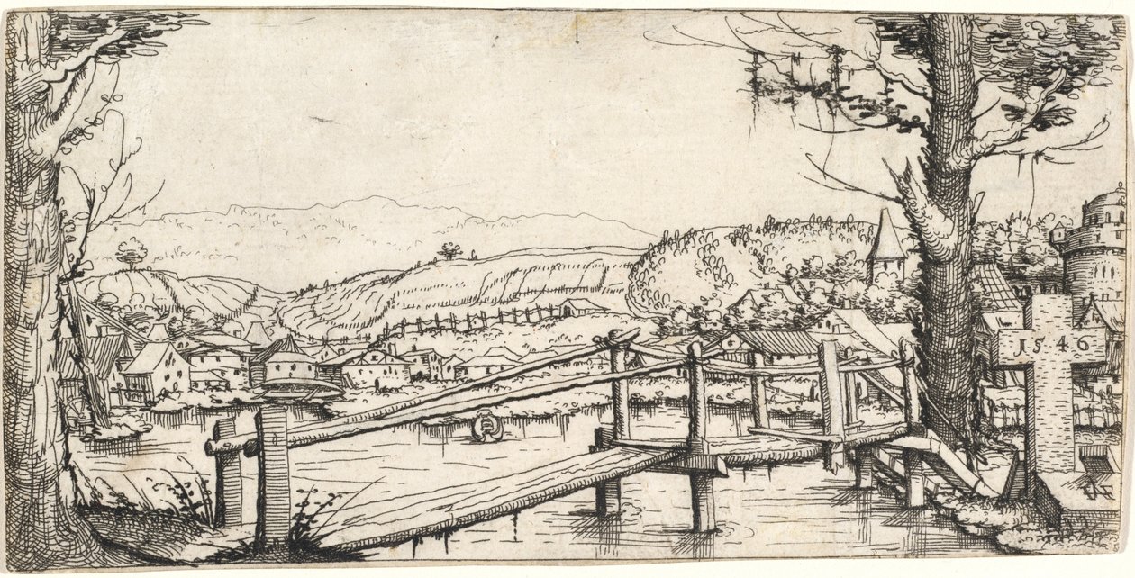 Paesaggio fluviale con un ponte pedonale da Augustin Hirschvogel
