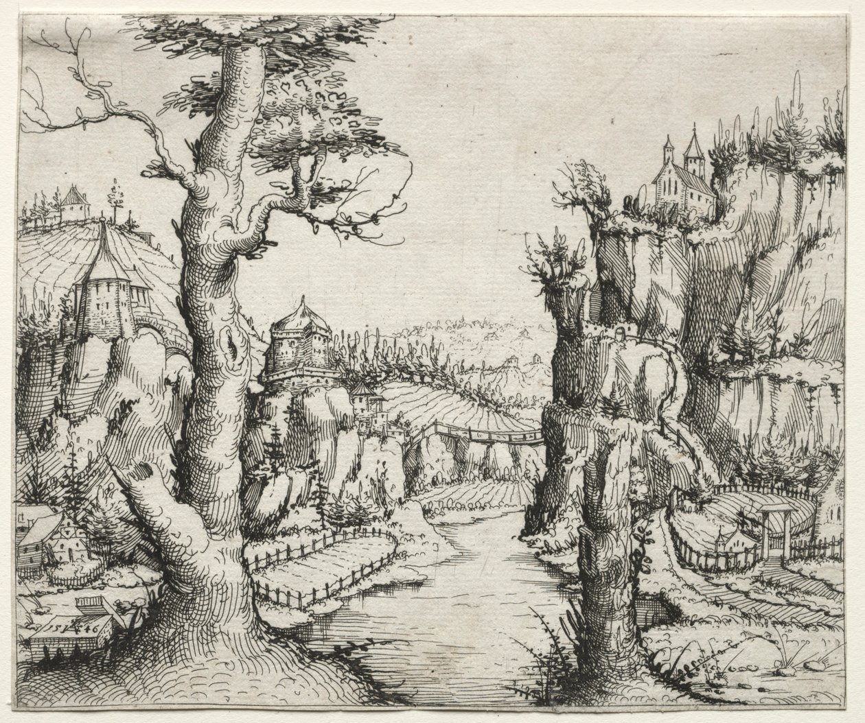 Paesaggio fluviale con rocce a sinistra e a destra, 1546 da Augustin Hirschvogel