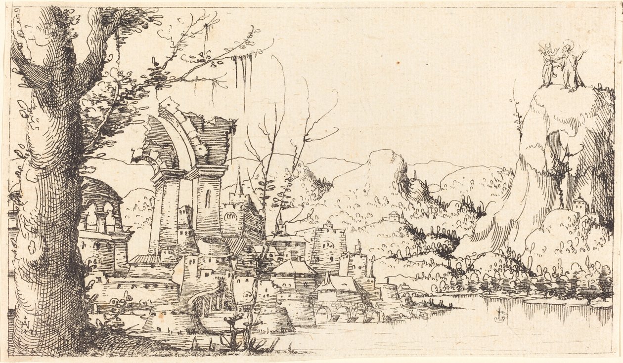 Paesaggio Fluviale con la Tentazione di Cristo da Augustin Hirschvogel