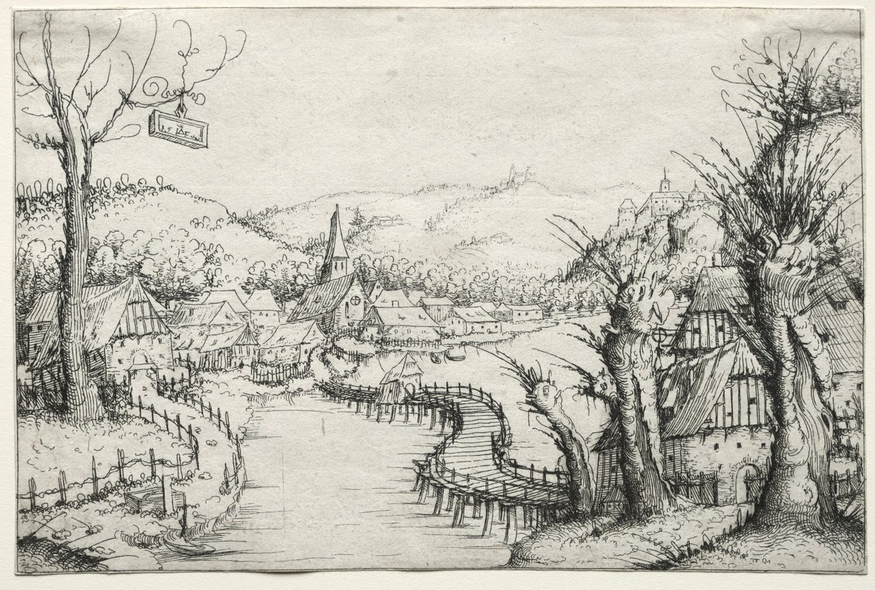 Paesaggio fluviale con tre salici spogli a destra e un lungo ponte di legno tortuoso..., 1546 da Augustin Hirschvogel