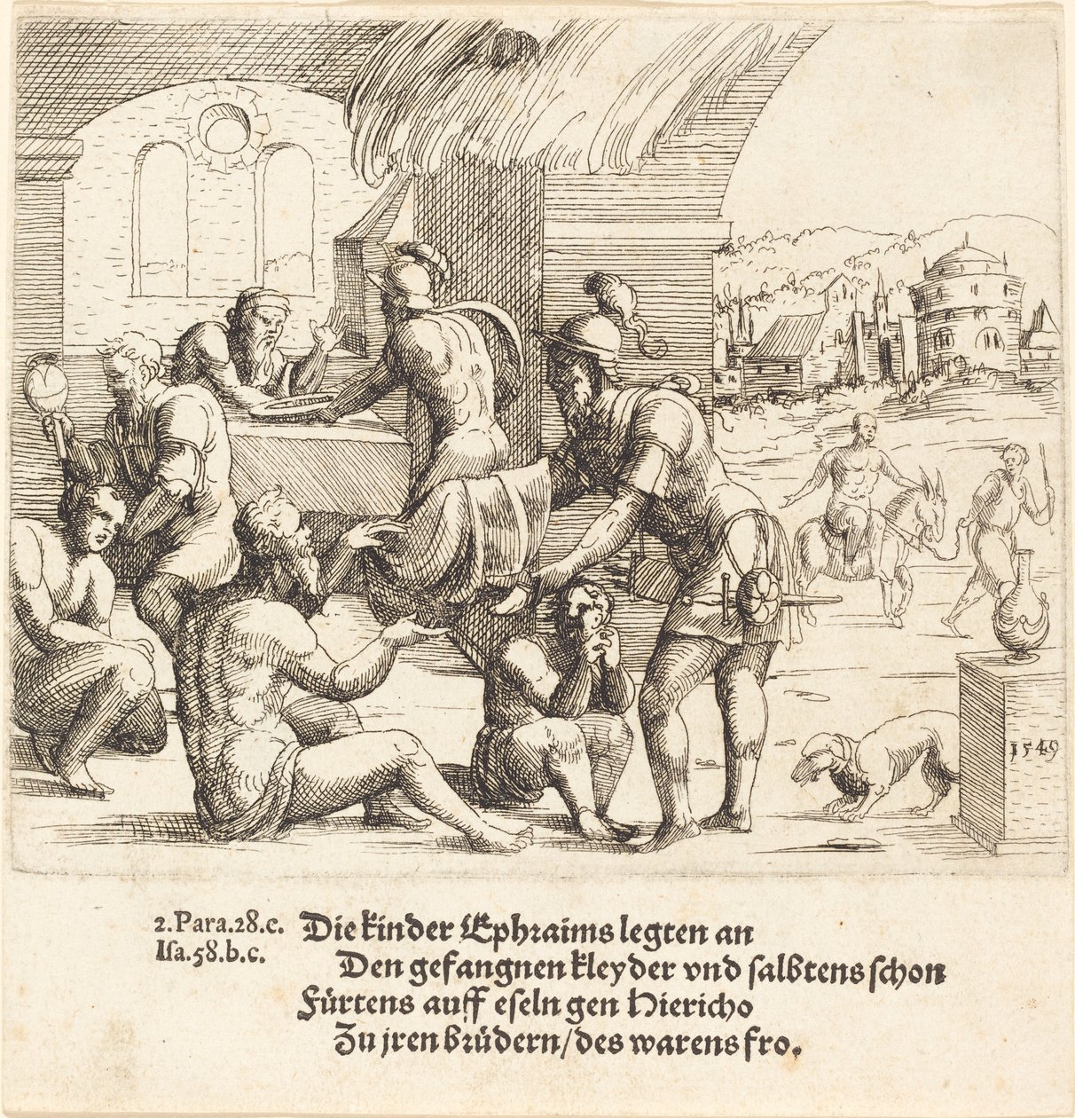 Gli uomini di Efraim si prendono cura dei loro prigionieri e li riportano a Gerico, 1549 da Augustin Hirschvogel