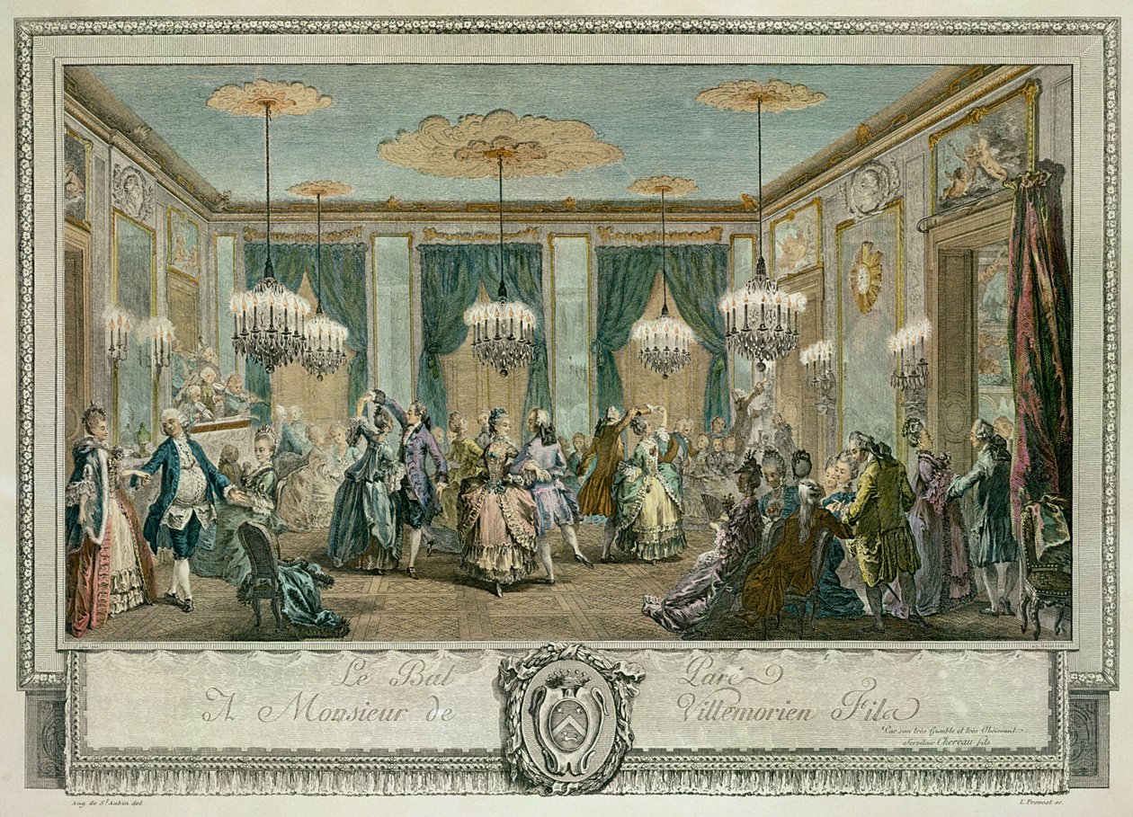 Il ballo in abito da sera a casa di Monsieur Villemorien Fila, inciso da L. Provost da Augustin de (after) Saint Aubin