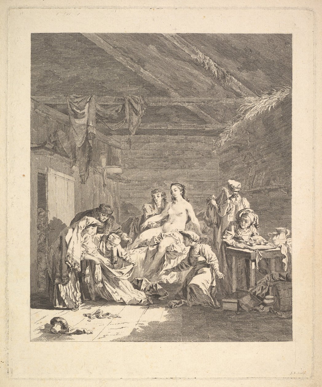 Dopo la notte di nozze, le lenzuola devono essere mostrate. Da Voyage en Sibérie, 1767 da Augustin de Saint Aubin