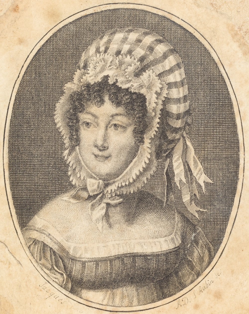Testa di Donna con Cappello a Strisce da Augustin de Saint Aubin