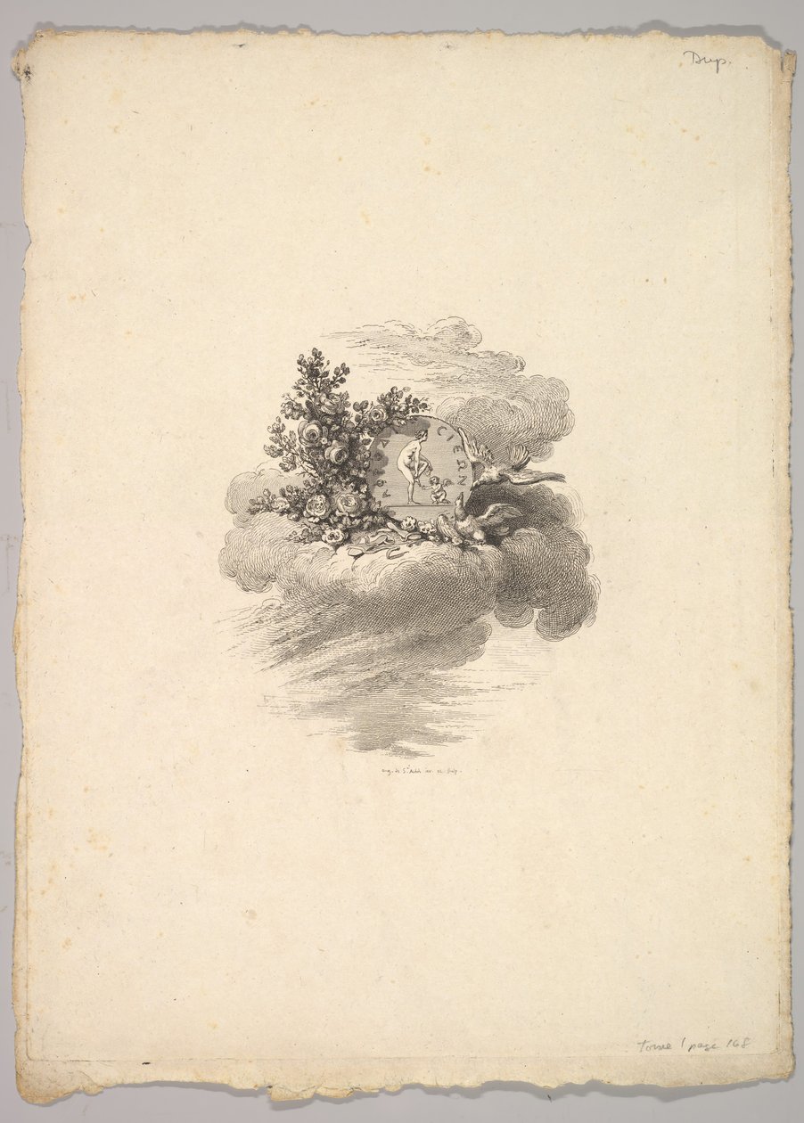 Vignetta con moneta su una nuvola con rose a sinistra e colombe sotto e a destra da Augustin de Saint Aubin