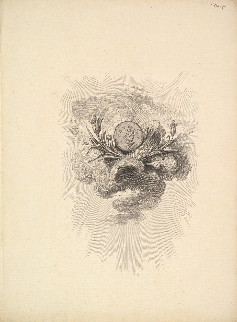Vignetta con una medaglia raffigurante Arpocrate e fiori di loto, Volume I, Pagina 12, da D..., 1778-80 da Augustin de Saint Aubin
