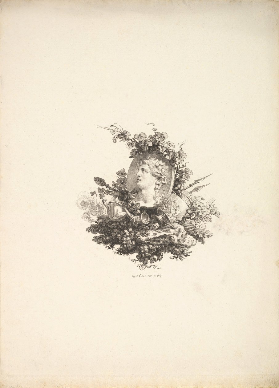 Vignetta con la testa di Bacco su una corniola, Tomo I, Pagina 242, da Descrizione di..., 1778-80 da Augustin de Saint Aubin