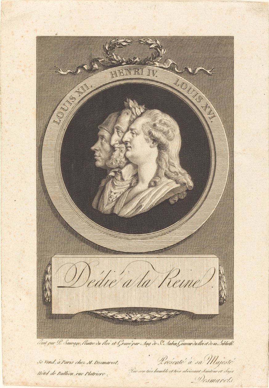 Luigi XVI, Enrico IV e Luigi XII da Augustin de Saint Aubin after Piat Joseph Sauvage