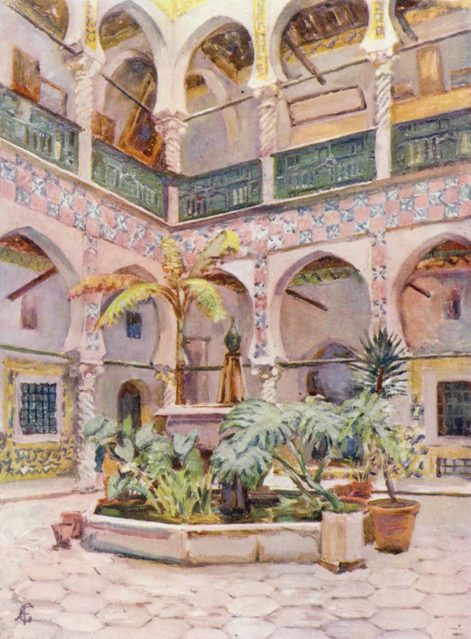 Cortile della Bibliotheque Nationale, Algeri (litografia a colori) da Augustine Fitzgerald