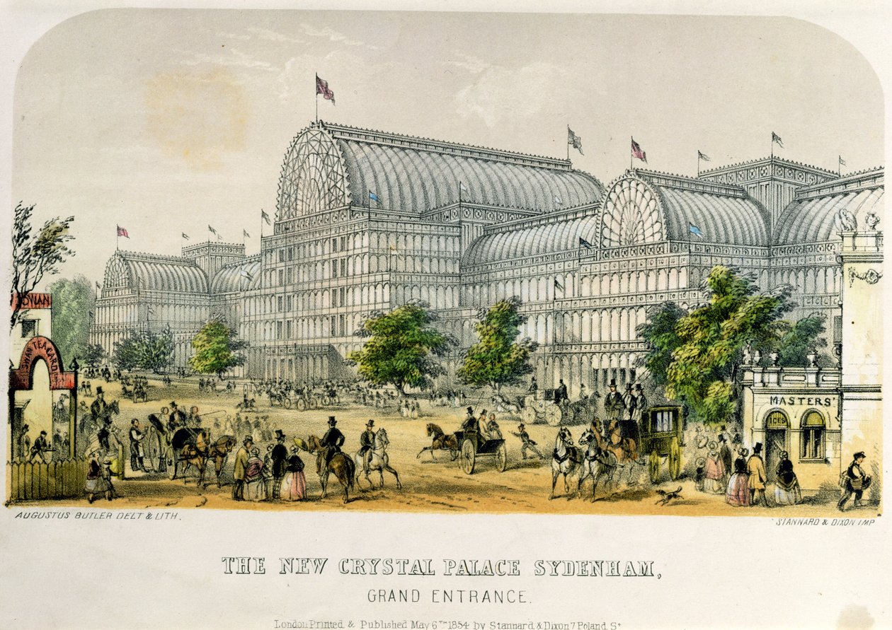 Il nuovo Crystal Palace Sydenham, Grande Ingresso, pub. 1854 da Augustus Butler