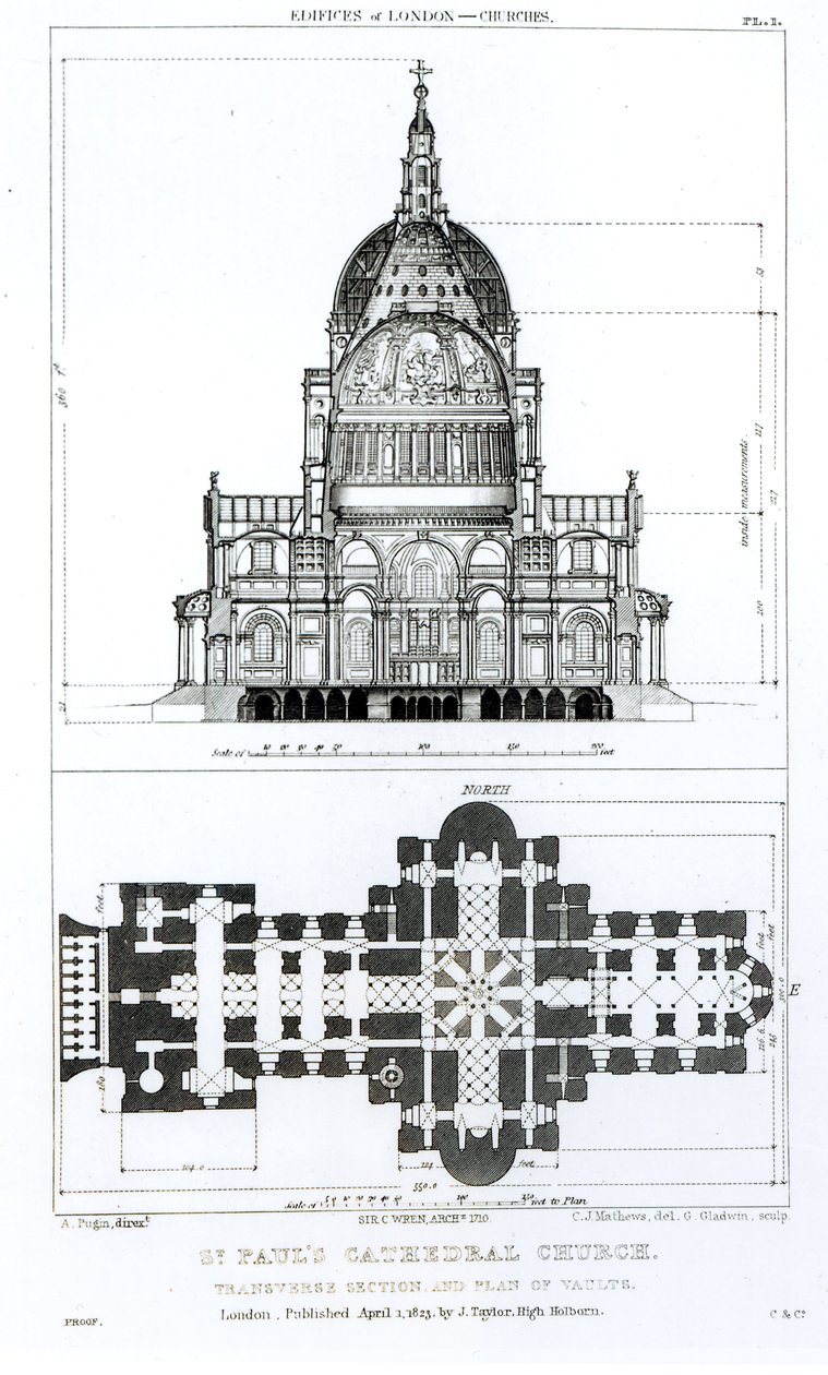 Sezione trasversale della Cattedrale di San Paolo e piano delle volte, inciso da C. J. Mathews e G. Gladwin, pubblicato nel 1823 da Augustus Charles Pugin
