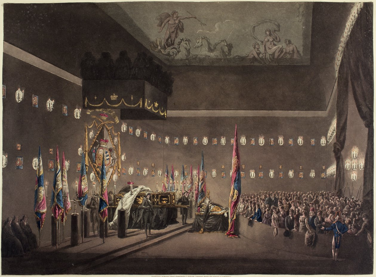 Resti di Lord Viscount Nelson in stato nella Painted Chamber al Greenwich Hospital, inciso da M. Merigot, 1806 da Augustus Charles Pugin