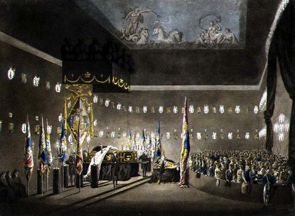 Resti di Lord Viscount Nelson in stato nella Painted Chamber al Greenwich Hospital, inciso da J. Merigot, pub. 1806 (incisione a colori) da Augustus Charles (after) Pugin