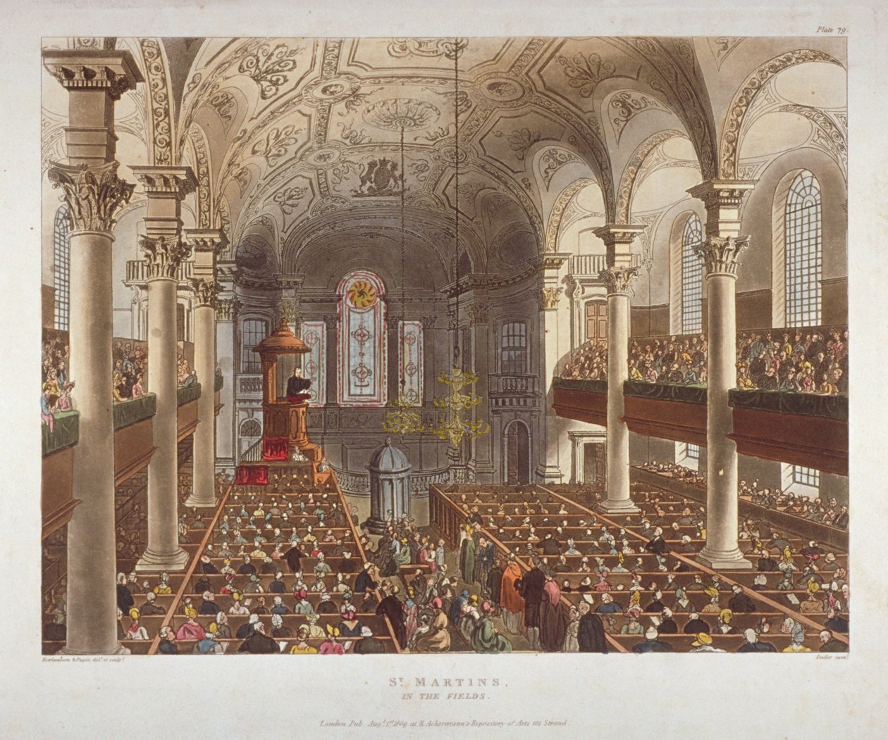 Interno della Chiesa di St Martin-in-the-Fields, Westminster, Londra da Augustus Charles Pugin, Thomas Rowlandson