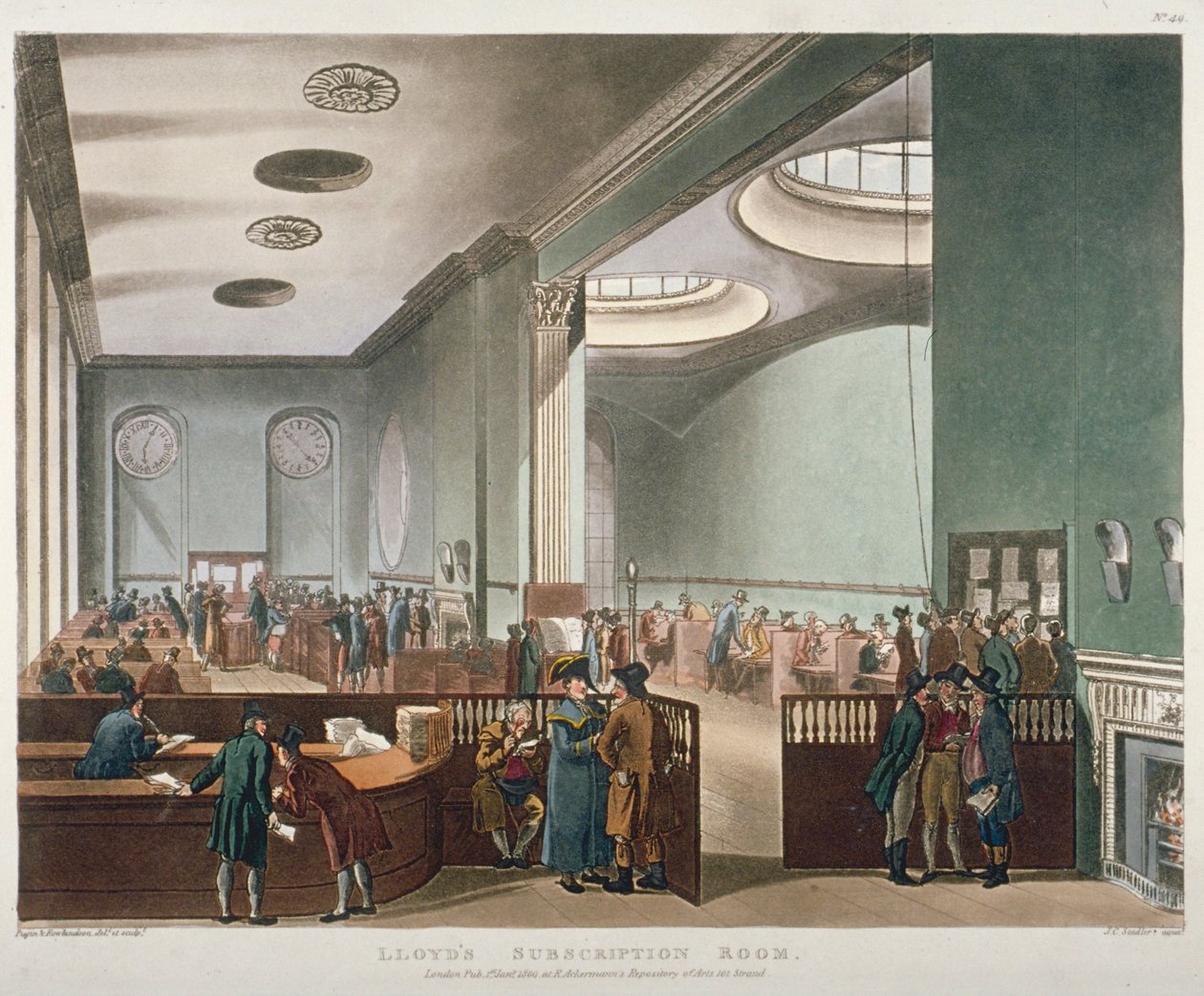Vista interna della Sala delle Sottoscrizioni di Lloyds nella Royal Exchange, Città di Londra, 1809 da Augustus Charles Pugin, Thomas Rowlandson