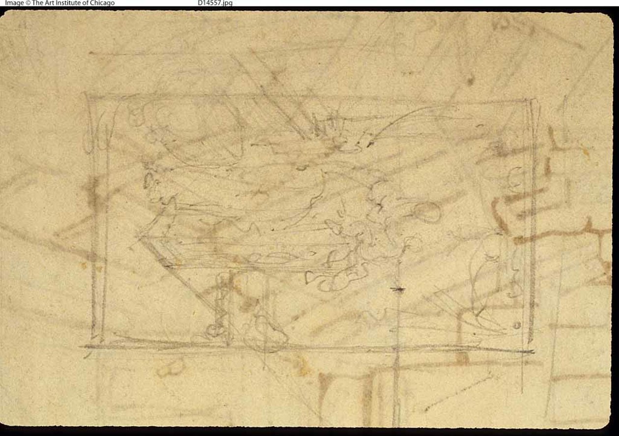 Studio per la sala espositiva, Somerset House, da Microcosm of London (recto); Schizzo di un dipinto: Madonna e Bambino (verso) da Augustus Charles Pugin