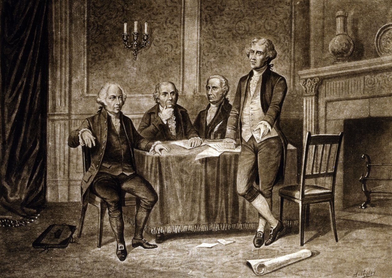 Leader del Congresso continentale 1775: John Adams, Robert Morris, Alexander Hamilton, Thomas Jefferson, disegno di Augustus Tholey (1894) da Augustus Tholey