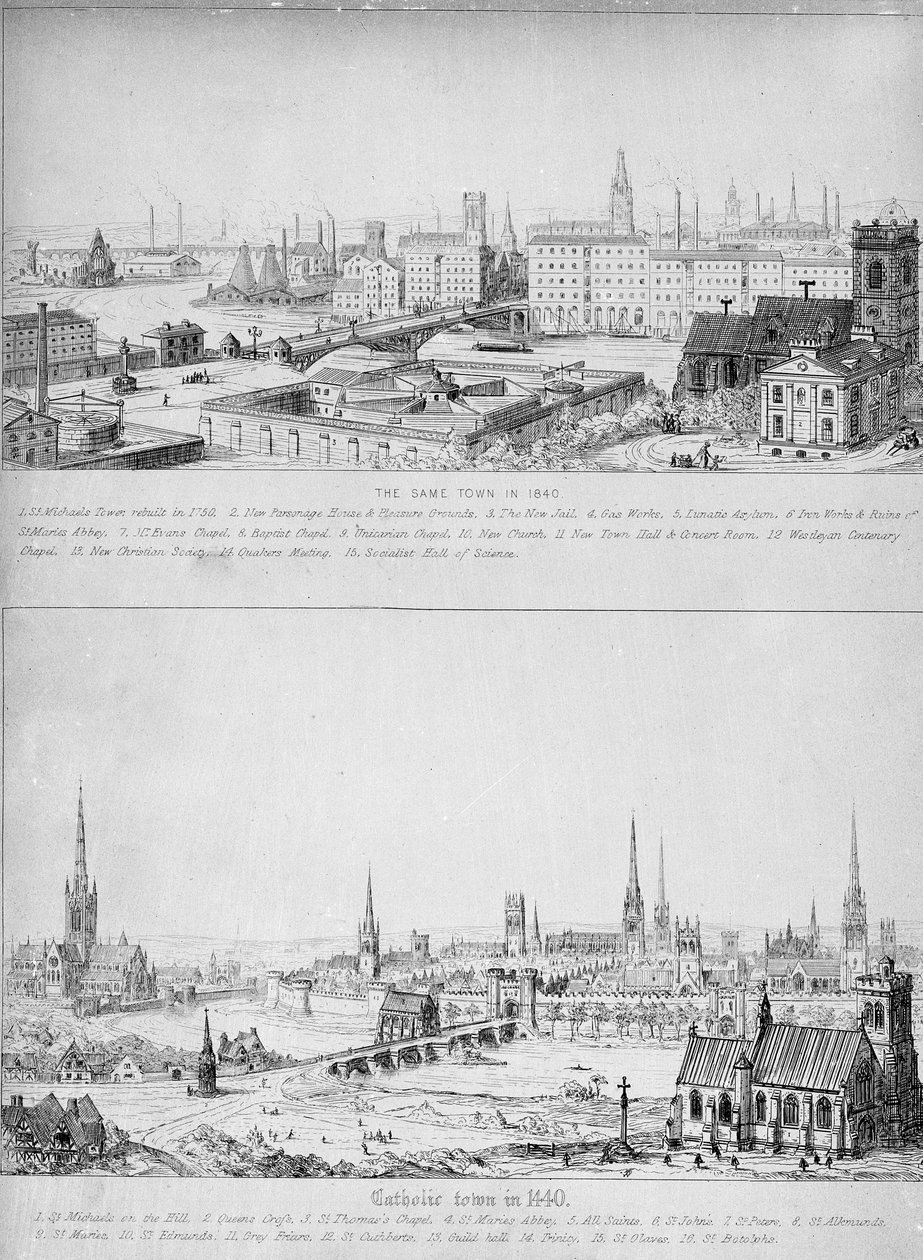 Città cattolica nel 1440 e la stessa città nel 1840 da Augustus Welby Northmore Pugin