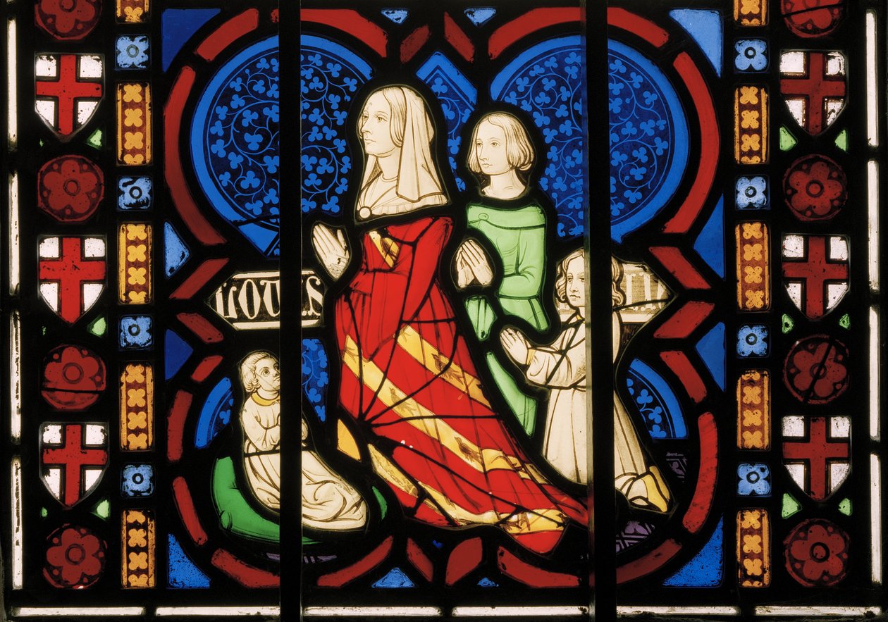 Louisa con la figliastra Anne e le sue due figlie Agnes e Katherine, finestra est della cappella, c.1844 da Augustus Welby Northmore Pugin