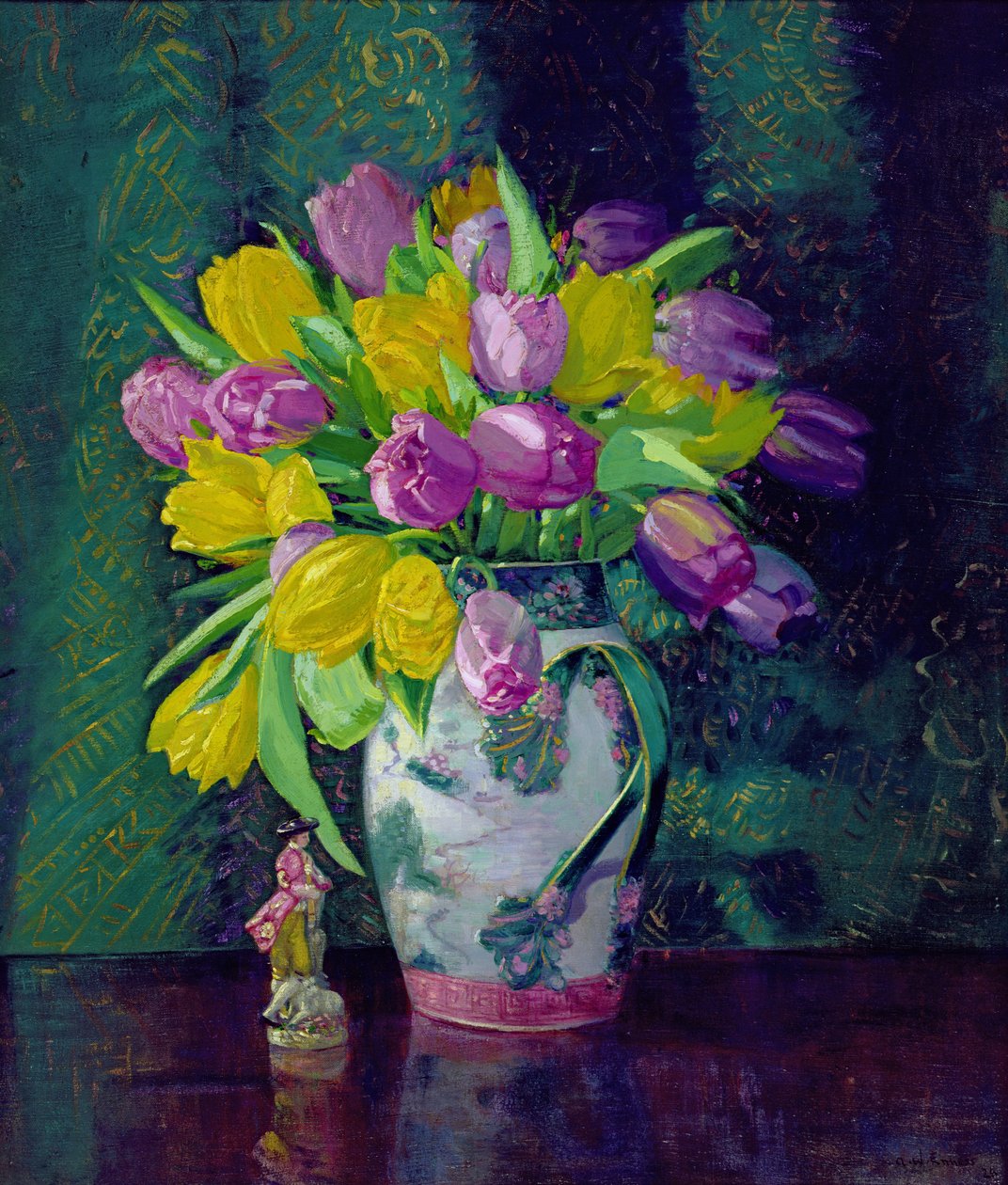 Tulipani gialli e malva in un vaso da Augustus William Enness