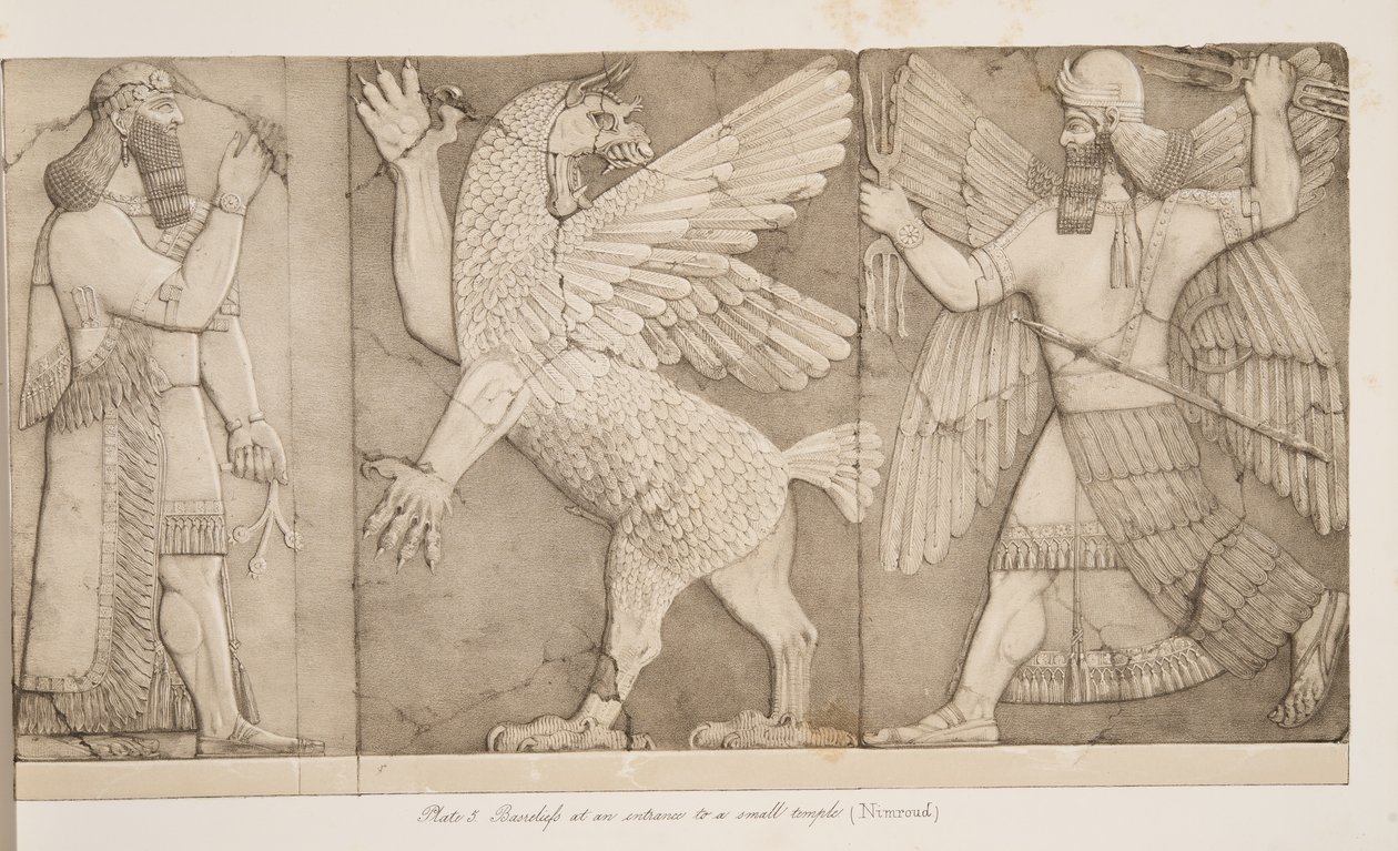 Bassorilievi a un ingresso di un piccolo tempio (Nimroud), dai Monumenti di Ninive, pub. 1849 da Austen Henry Layard