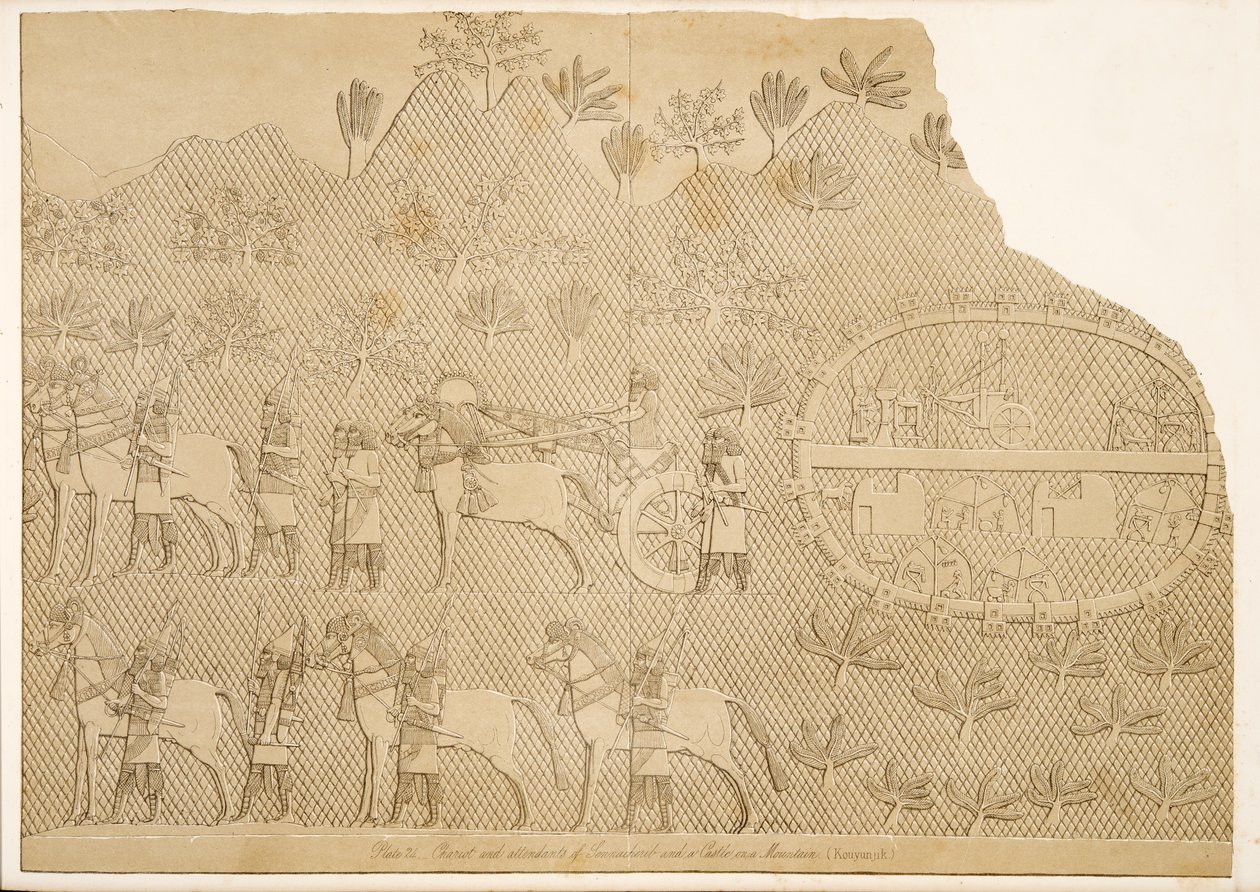 Carro e attendenti di Sennacherib e un castello su una montagna (Kouyunjik), dai Monumenti di Ninive, pub. 1849 da Austen Henry Layard