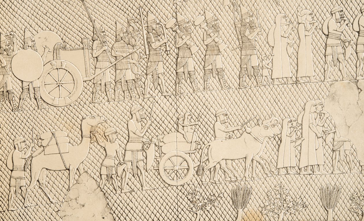 (dettaglio) da Prigionieri e bottino dalla città di Lachich, illustrazione da Monuments of Nineveh, 1858 da Austen Henry Layard