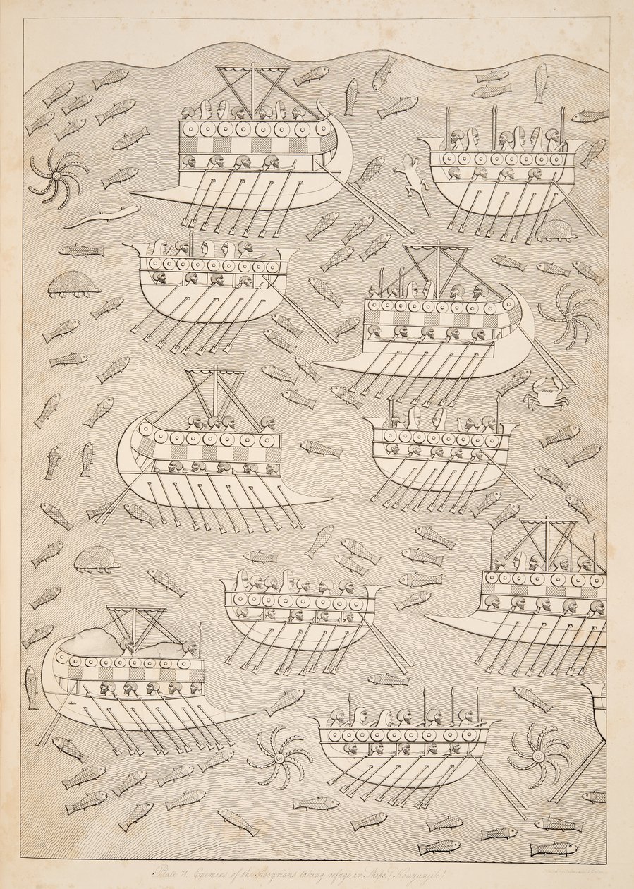 Nemici degli Assiri che si rifugiano in navi (Kouyunlik), da Monumenti di Ninive, pub. 1849 da Austen Henry Layard