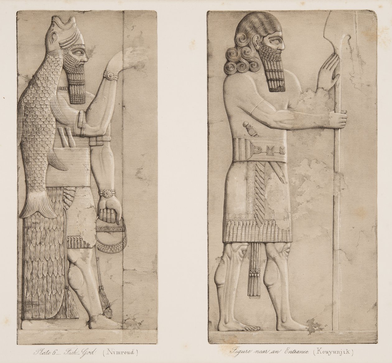 Dio Pesce (Nimroud) e figura vicino a un ingresso (Kouyunjik), dai Monumenti di Ninive, pub. 1849 da Austen Henry Layard