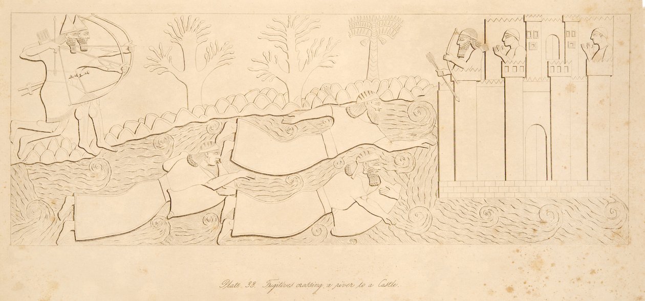 Fuggitivi che attraversano un fiume verso un castello, da Monumenti di Ninive, pub. 1849 da Austen Henry Layard