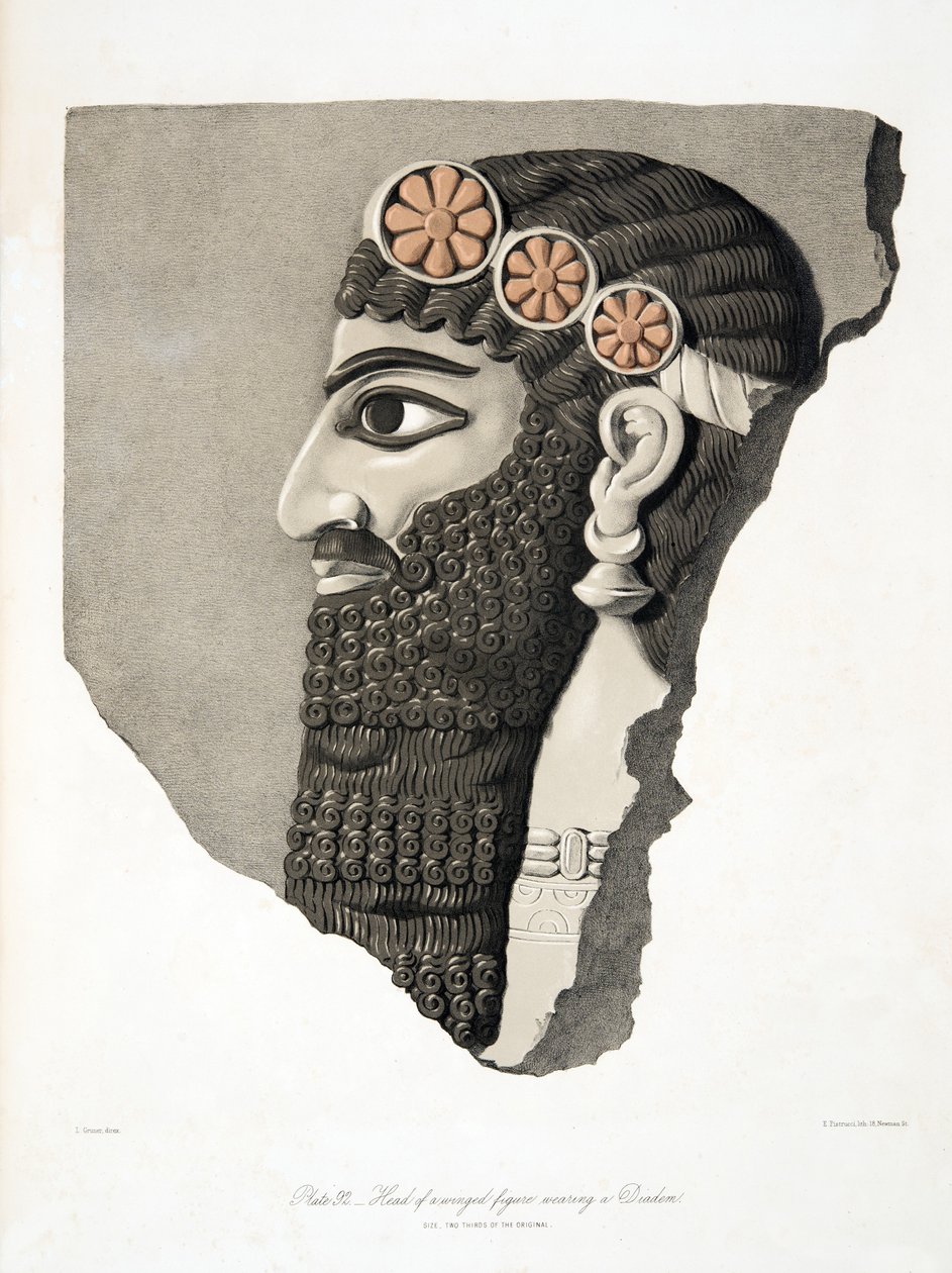Testa di una figura alata con diadema, da Monumenti di Ninive, pub. 1849 da Austen Henry Layard