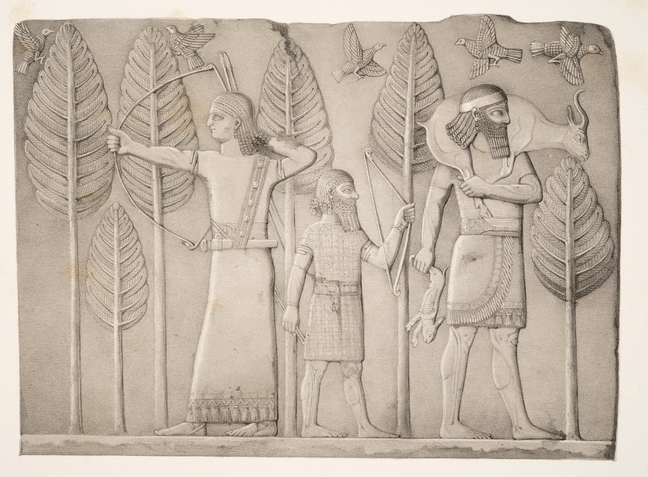 Cacciatori con gazzella, lepre e uccelli (Khorsabad), dai Monumenti di Ninive, pub. 1849 da Austen Henry Layard