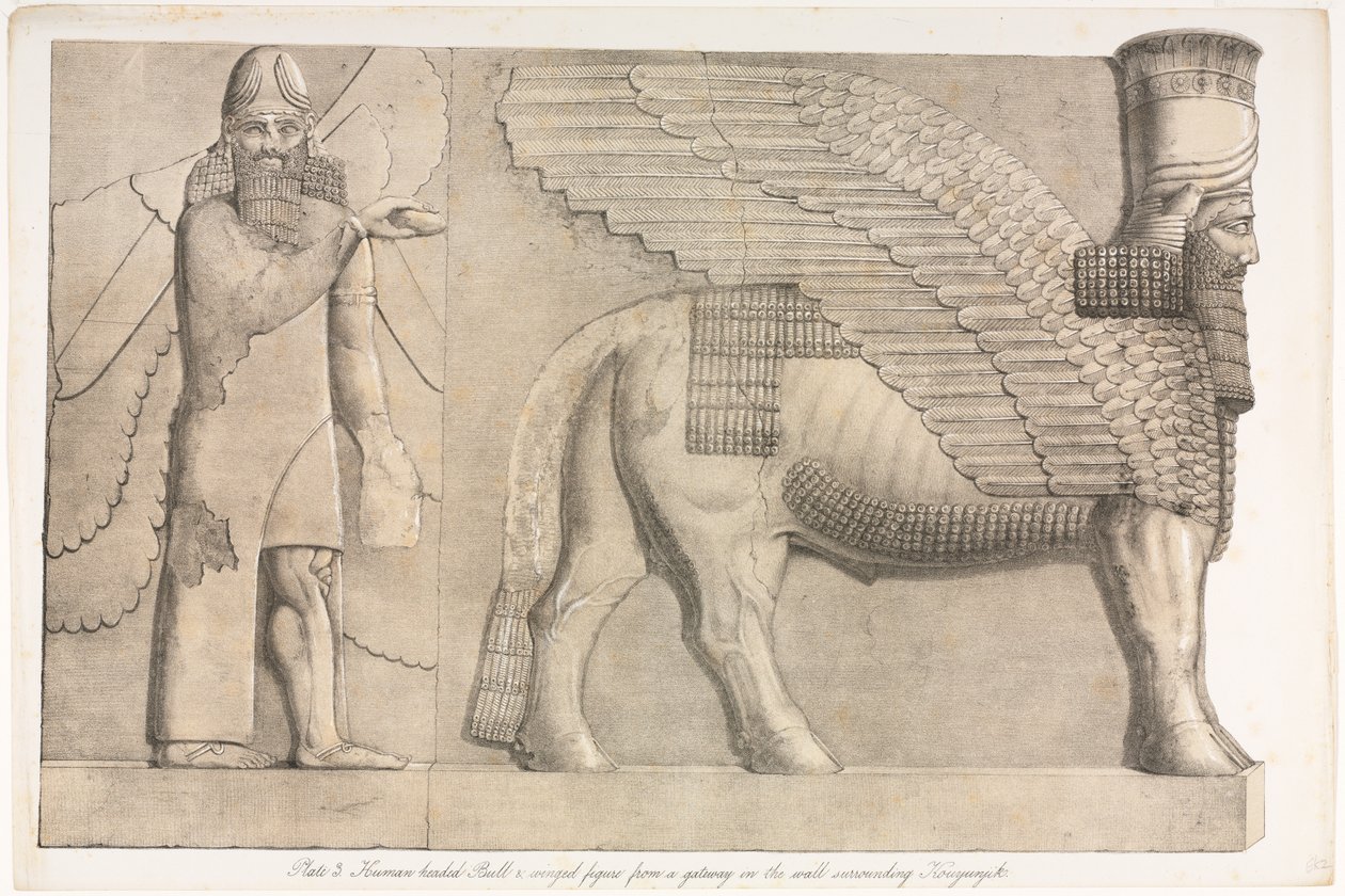 Monumenti di Ninive: Tavola 3, Toro con testa umana e figura alata da un portale nel muro che circonda Kouyunjik (Quyunjik) da Austen Henry Layard