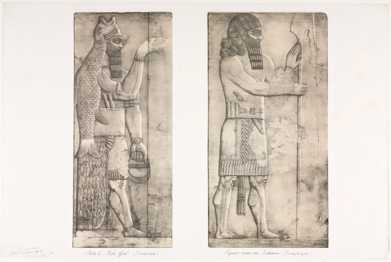 Monumenti di Ninive: Tavola 6, Dio-pesce (Nimroud); Figura vicino a un ingresso (Kouyunjik) da Austen Henry Layard