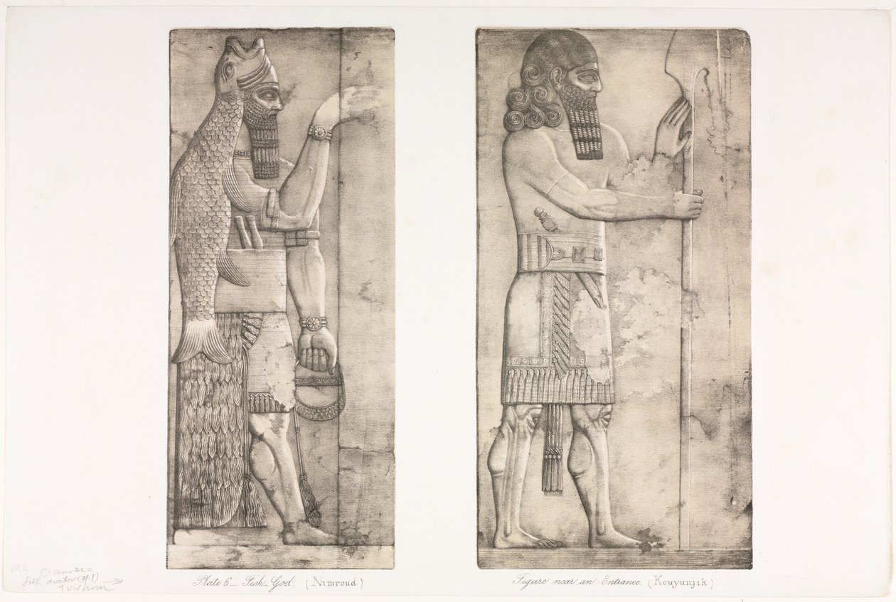 Monumenti di Ninive: Tavola 6, Dio-pesce Nimroud, Figura vicino a un ingresso Kouyunjik, 1853 da Austen Henry Layard