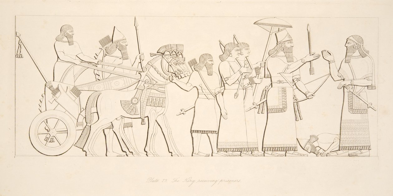 Il re che riceve prigionieri, da Monumenti di Ninive, pub. 1849 da Austen Henry Layard
