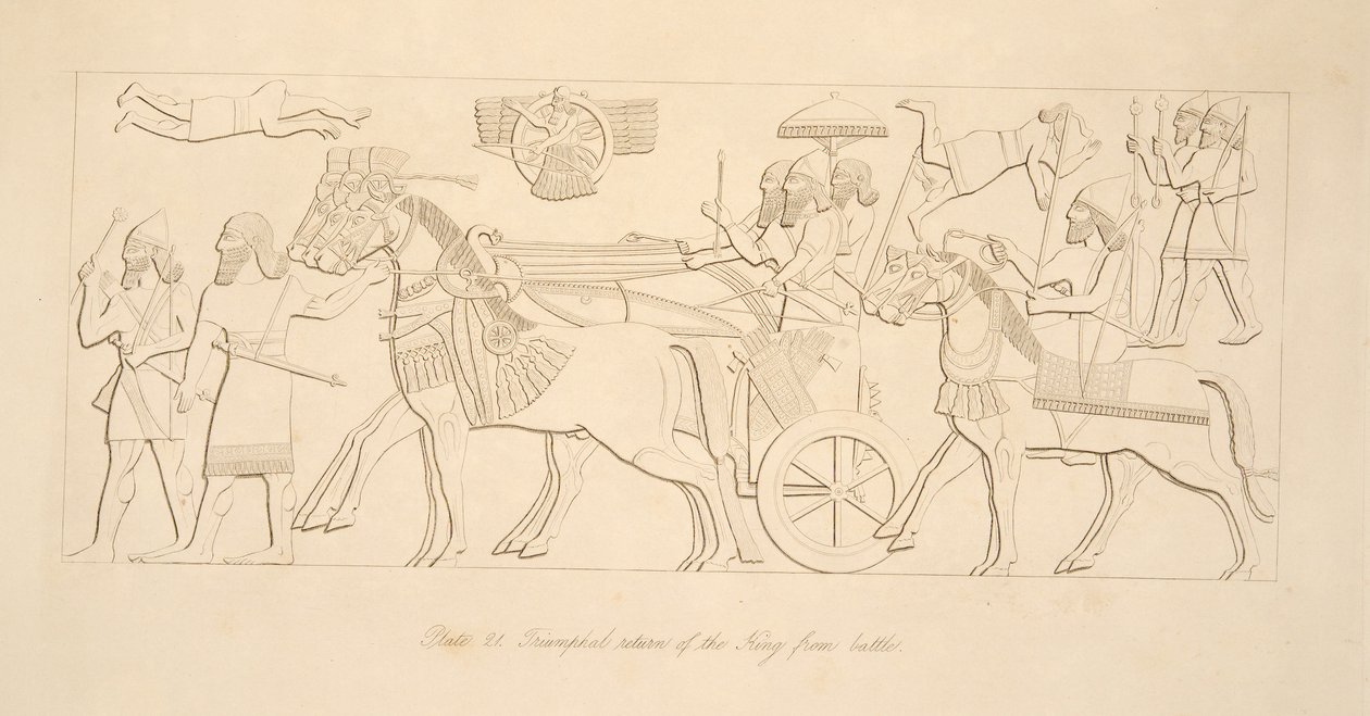 Ritorno trionfale del re dalla battaglia, da Monumenti di Ninive, pub. 1849 da Austen Henry Layard