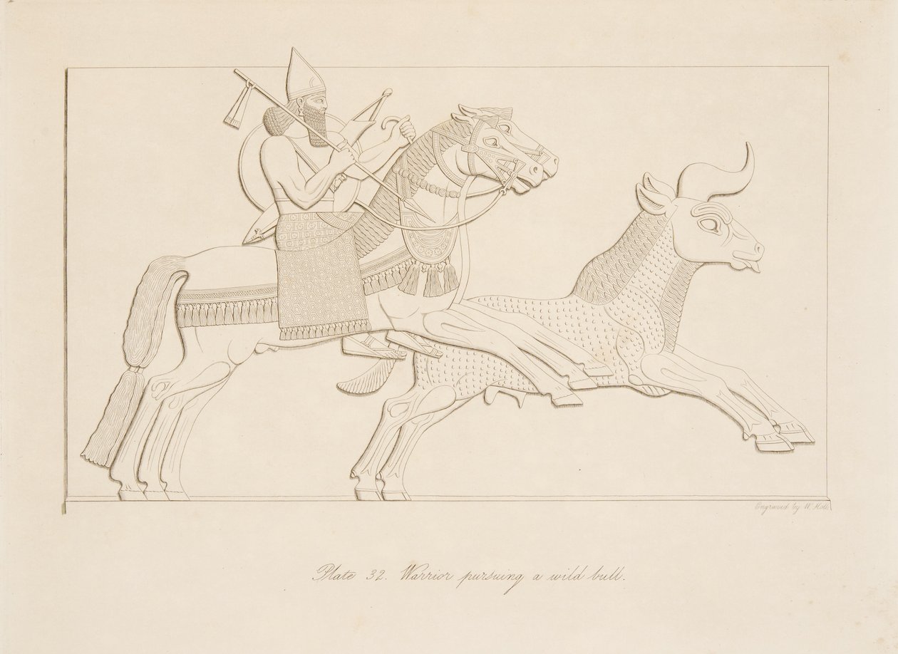 Guerriero che insegue un toro selvatico, da Monumenti di Ninive, pub. 1849 da Austen Henry Layard