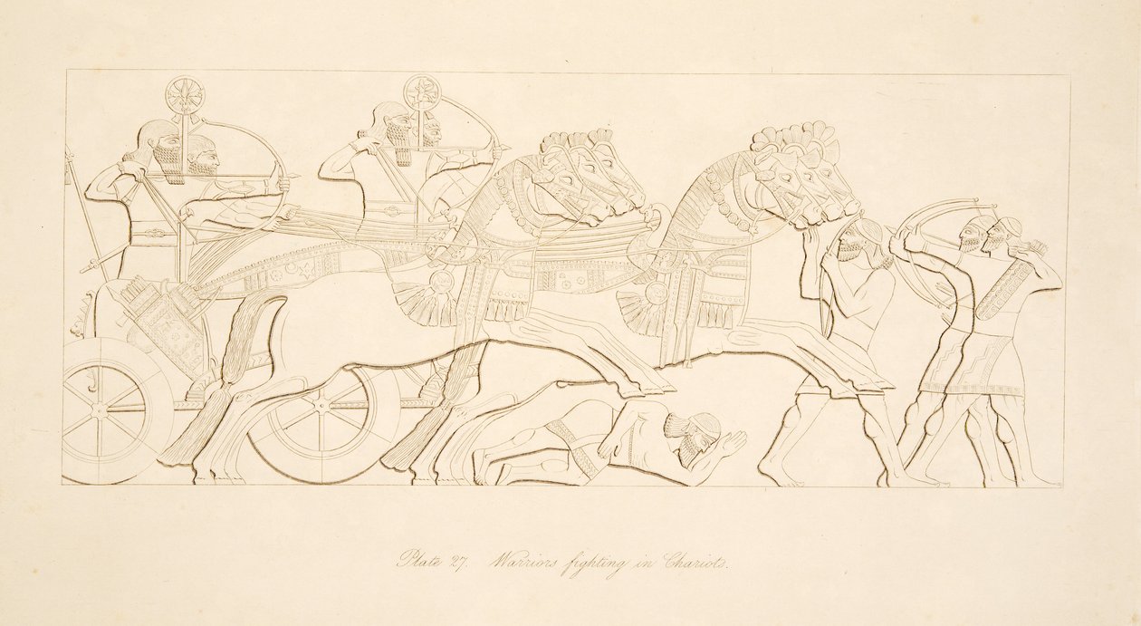 Guerrieri che combattono su carri, da Monumenti di Ninive, pub. 1849 da Austen Henry Layard