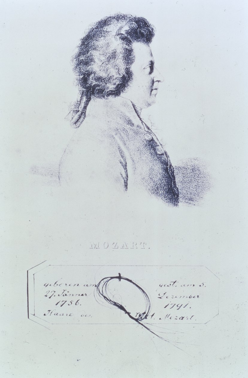 Ritratto di Wolfgang Amadeus Mozart (1756-91) con una ciocca dei suoi capelli attaccata sotto da Austrian School