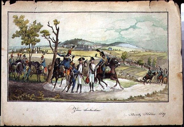 Una processione di soldati asburgici in un paesaggio da Austrian School