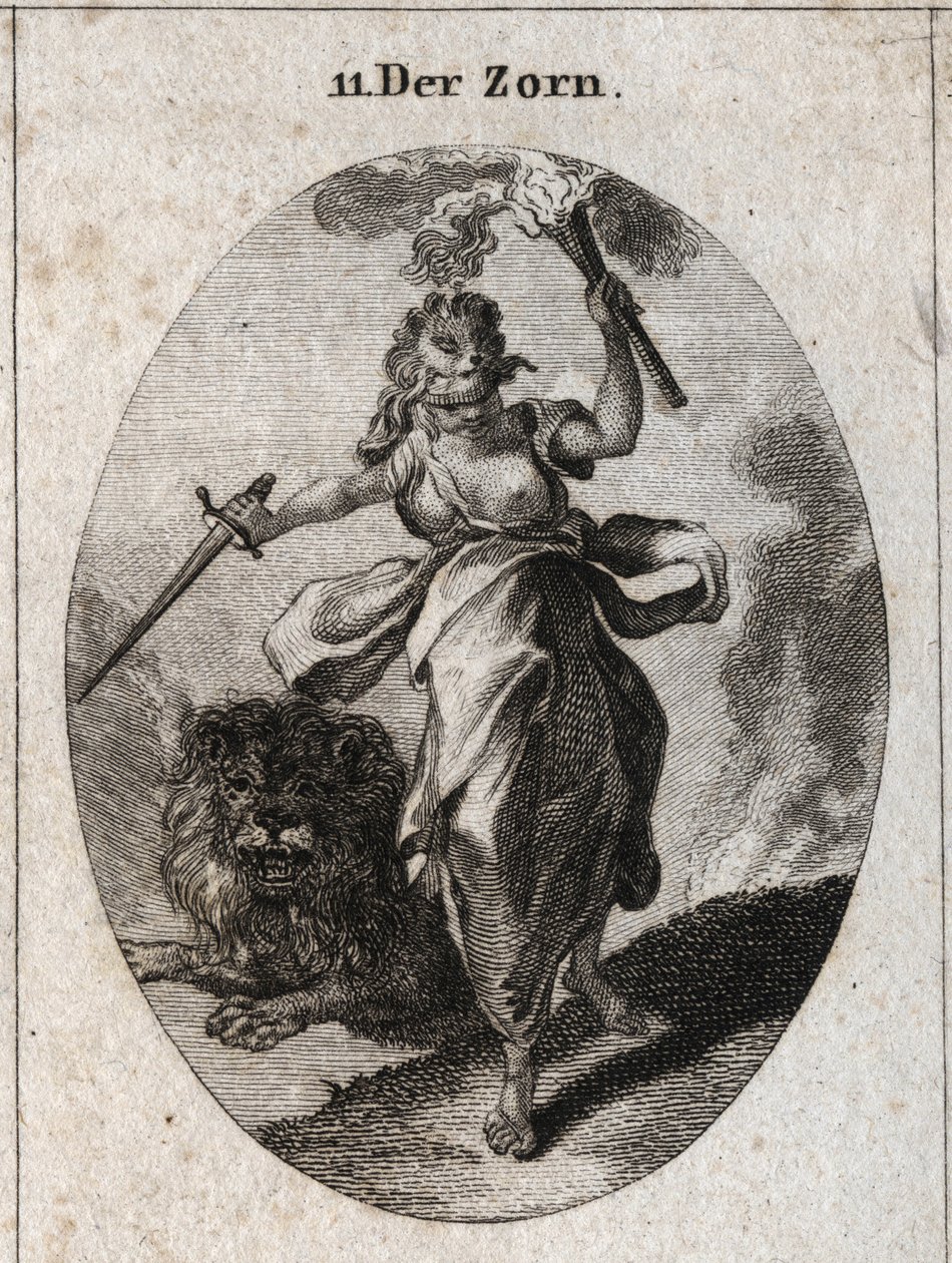 Allegoria della rabbia rappresentata in un atteggiamento irrequieto, con una benda sugli occhi, una spada e una torcia nelle mani. È vestita con pelle di orso e il leone dietro di lei è furioso. Incisione in "Iconologie oder Ideen aus dem Gebiete der Leide da Austrian School