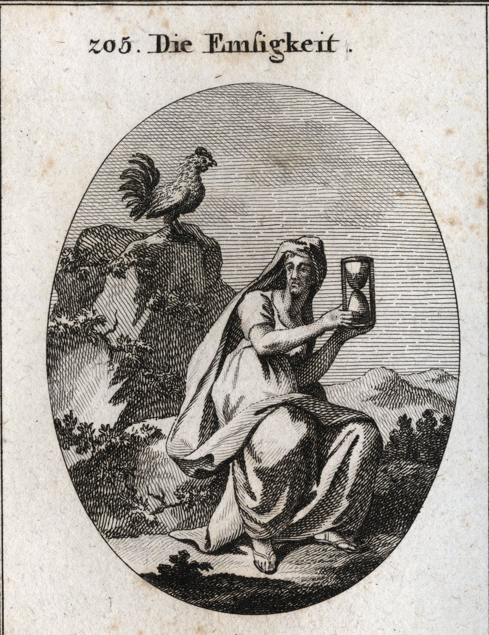 Allegoria della costanza. Tiene una clessidra e siede ai piedi di una roccia circondata da una pianta di edera. Il gallo è il suo attributo perché la costanza non esiste senza vigilanza. Incisione in "Iconologie oder Ideen aus dem Gebiete der Leidenschafte da Austrian School