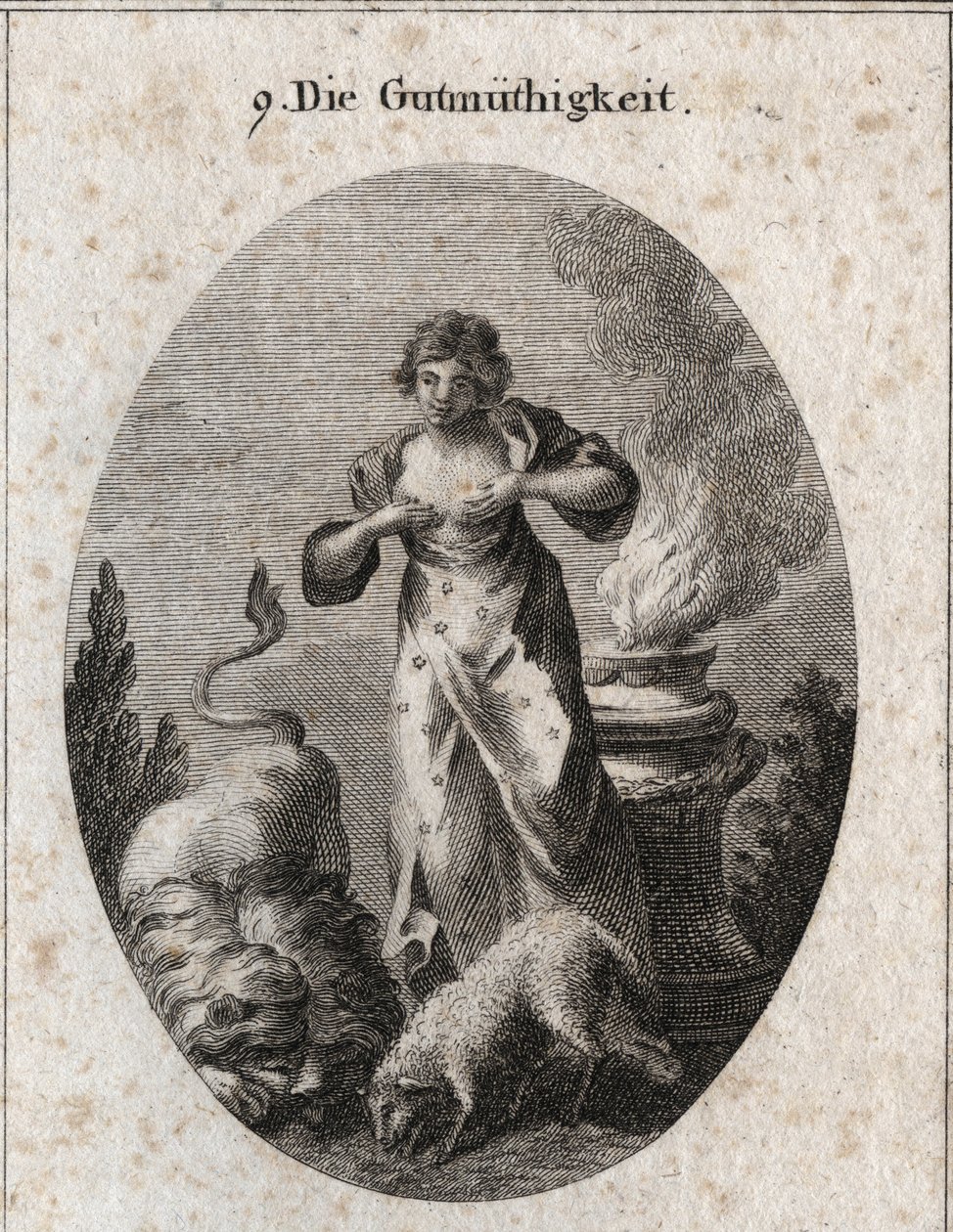 Allegoria della benignità che allatta contemporaneamente un agnello e un leone simboleggiando l