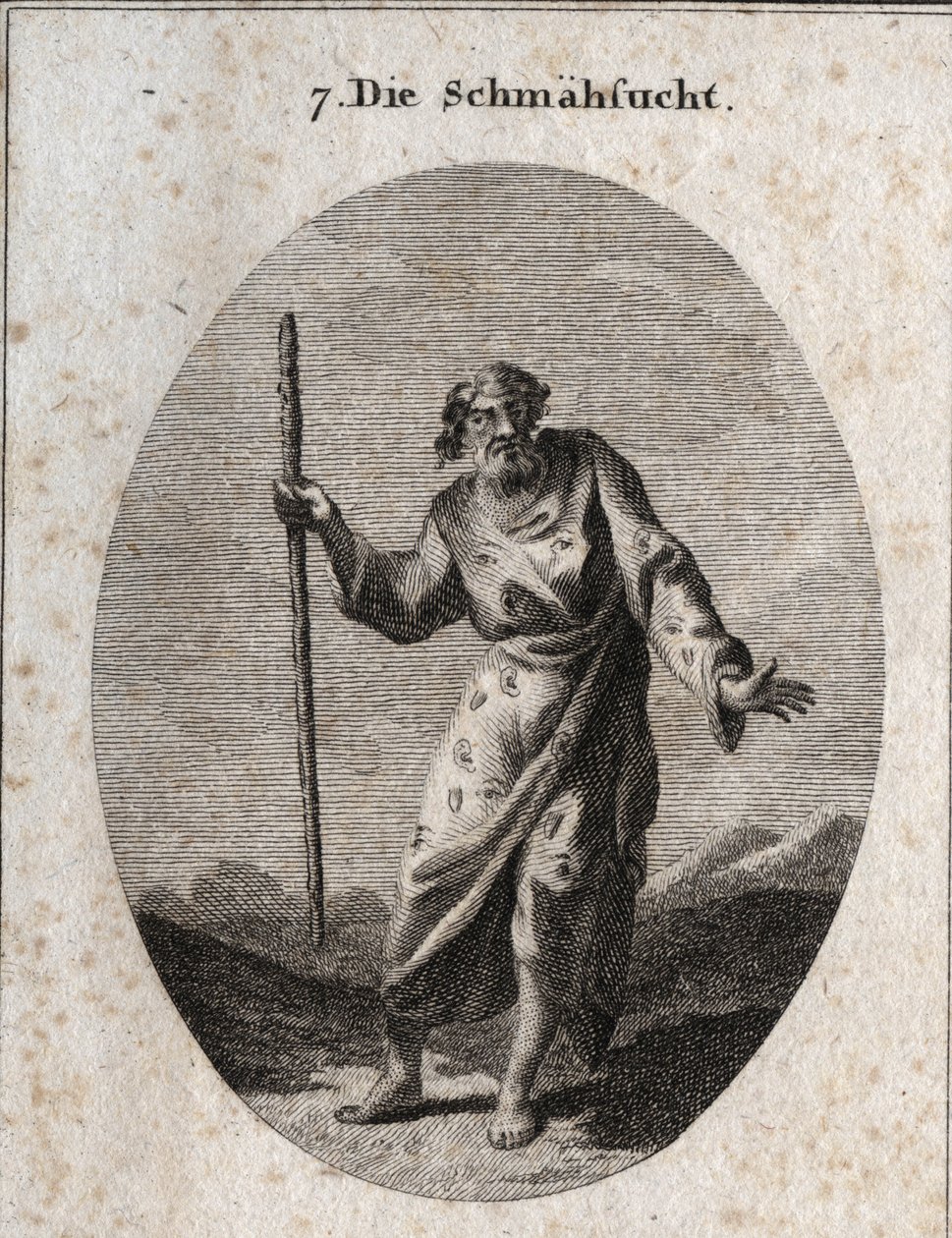 Allegoria della colpa rappresentata da Momus, il dio della satira e della reprimenda, come un vecchio che parla e colpisce la terra. Il suo abbigliamento è disseminato di orecchie, occhi e lingue. Incisione in 
