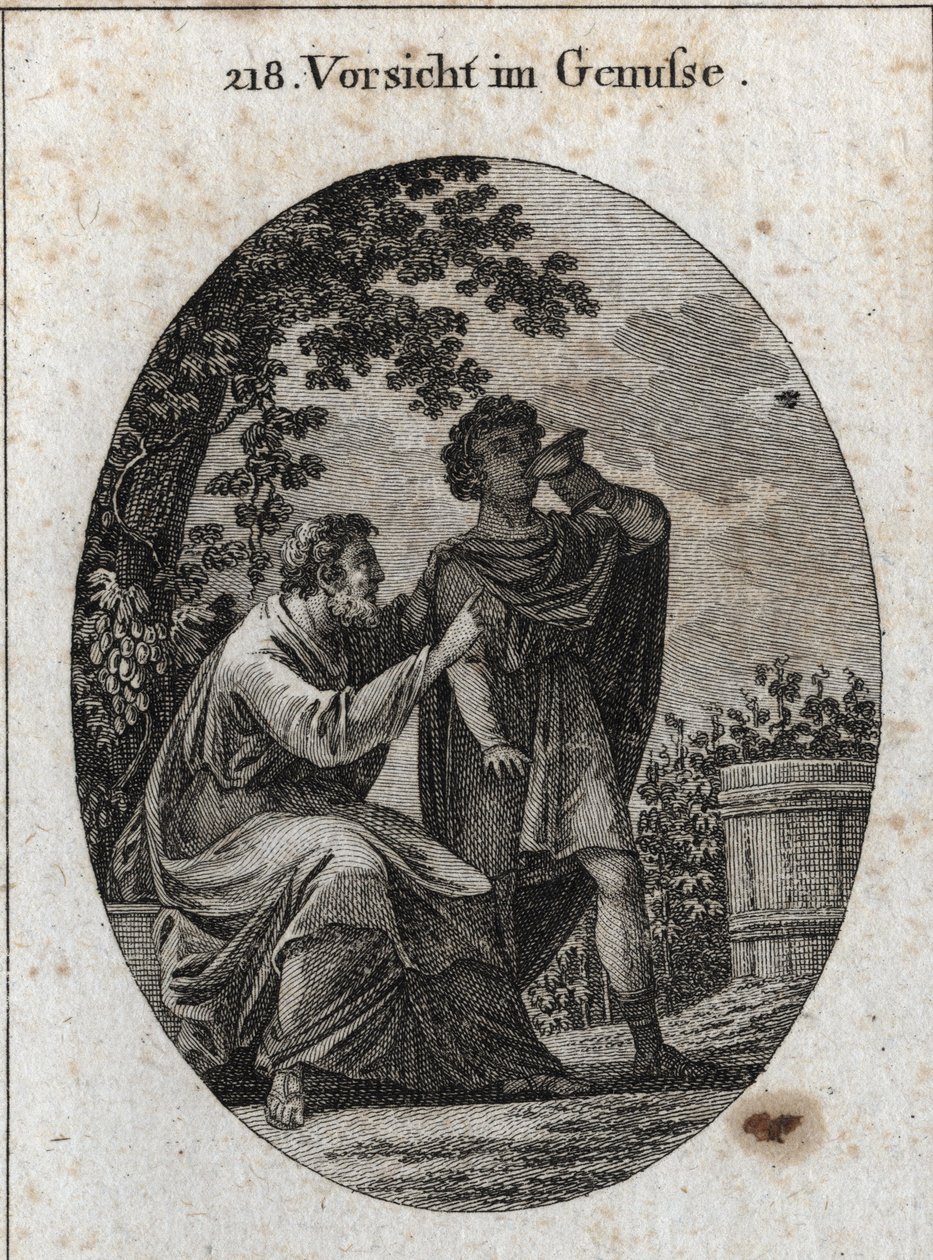 Allegoria della cautela mentre si gode. Un filosofo ci avverte che la vite produce tre tipi di uva: quella del piacere, quella dell