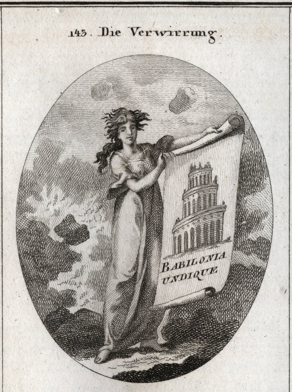 Allegoria della confusione che tiene un disegno che rappresenta la Torre di Babele con la scritta 